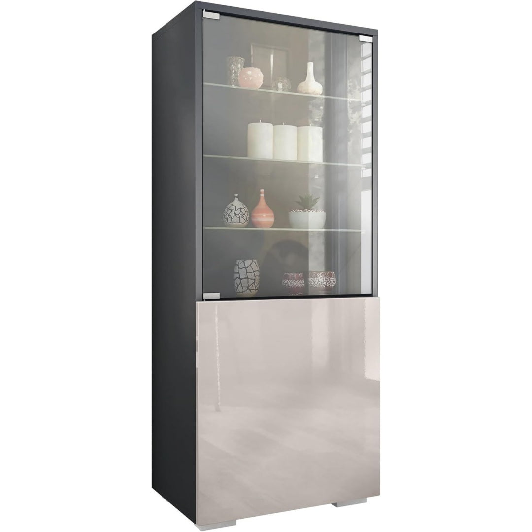 Vitrine gris (34.5 x 50 x 122.5 cm), espace de rangement genereux