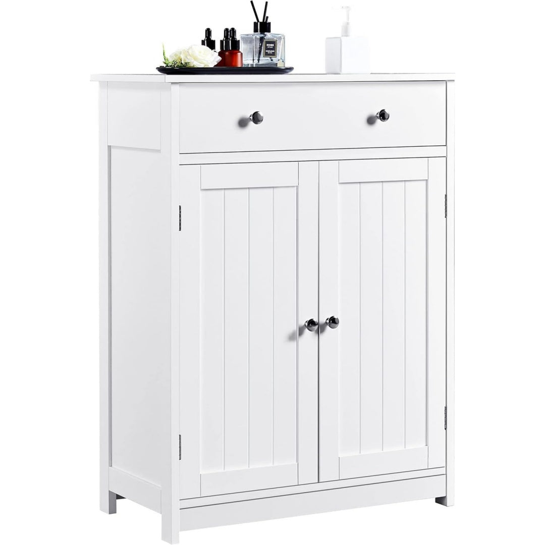 Rangement meuble sur pied, gris clair avec trois etageres, etageres reglables
