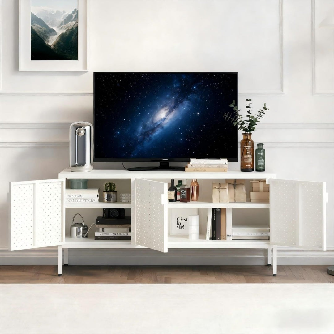 Commode 3 portes gris clair structure en acier pour le salon