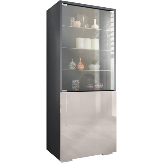 Vitrine gris (34.5 x 50 x 122.5 cm), espace de rangement genereux