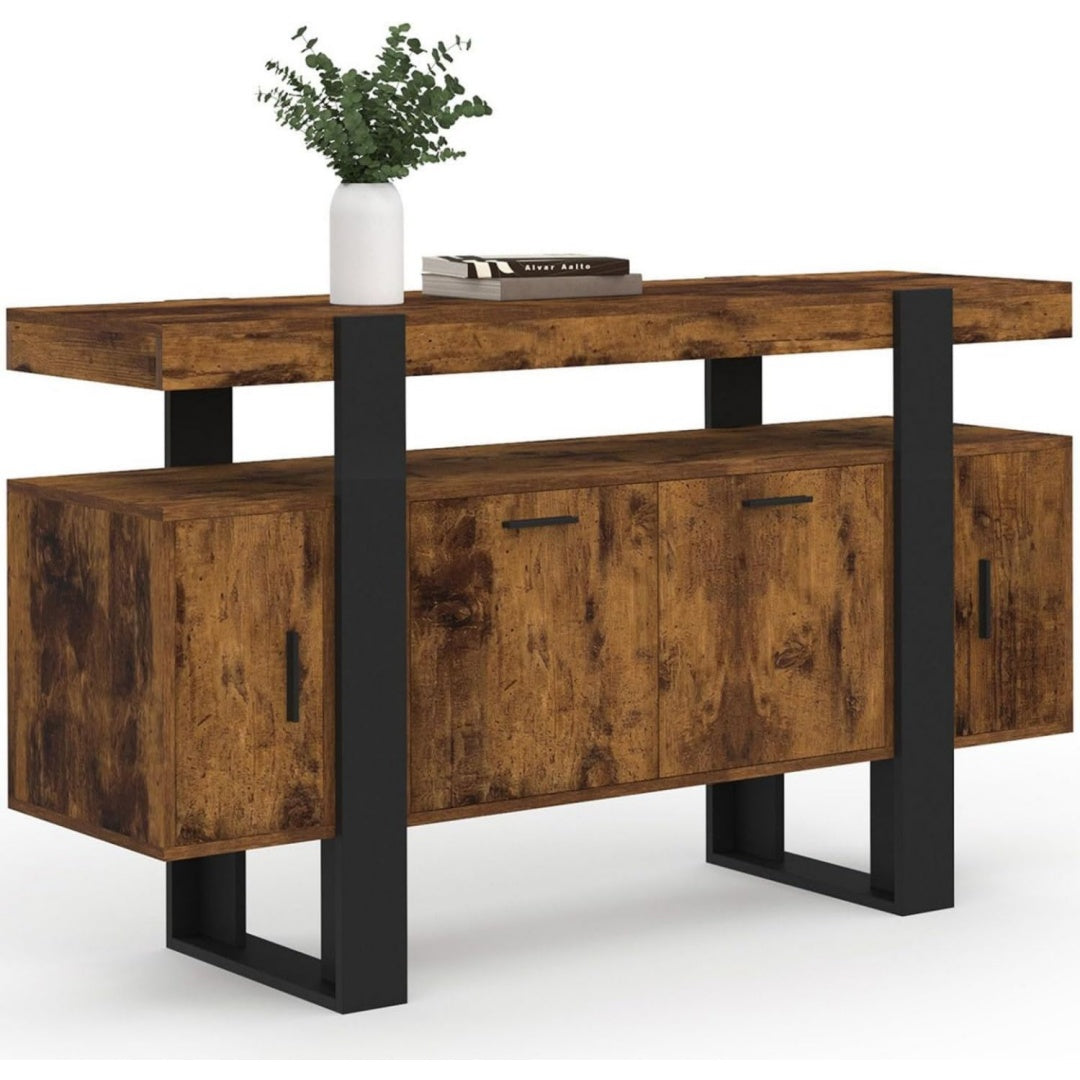 Credence marron materiau durable, finition style industriel, a 4 portes 3 tiroirs