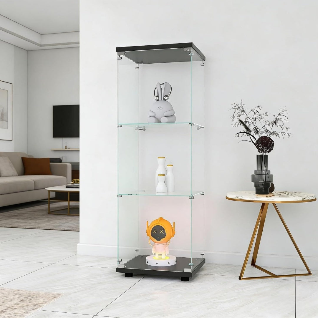 125 x 42.4 x 36.4 cm, presentoir vitre gris clair en verre