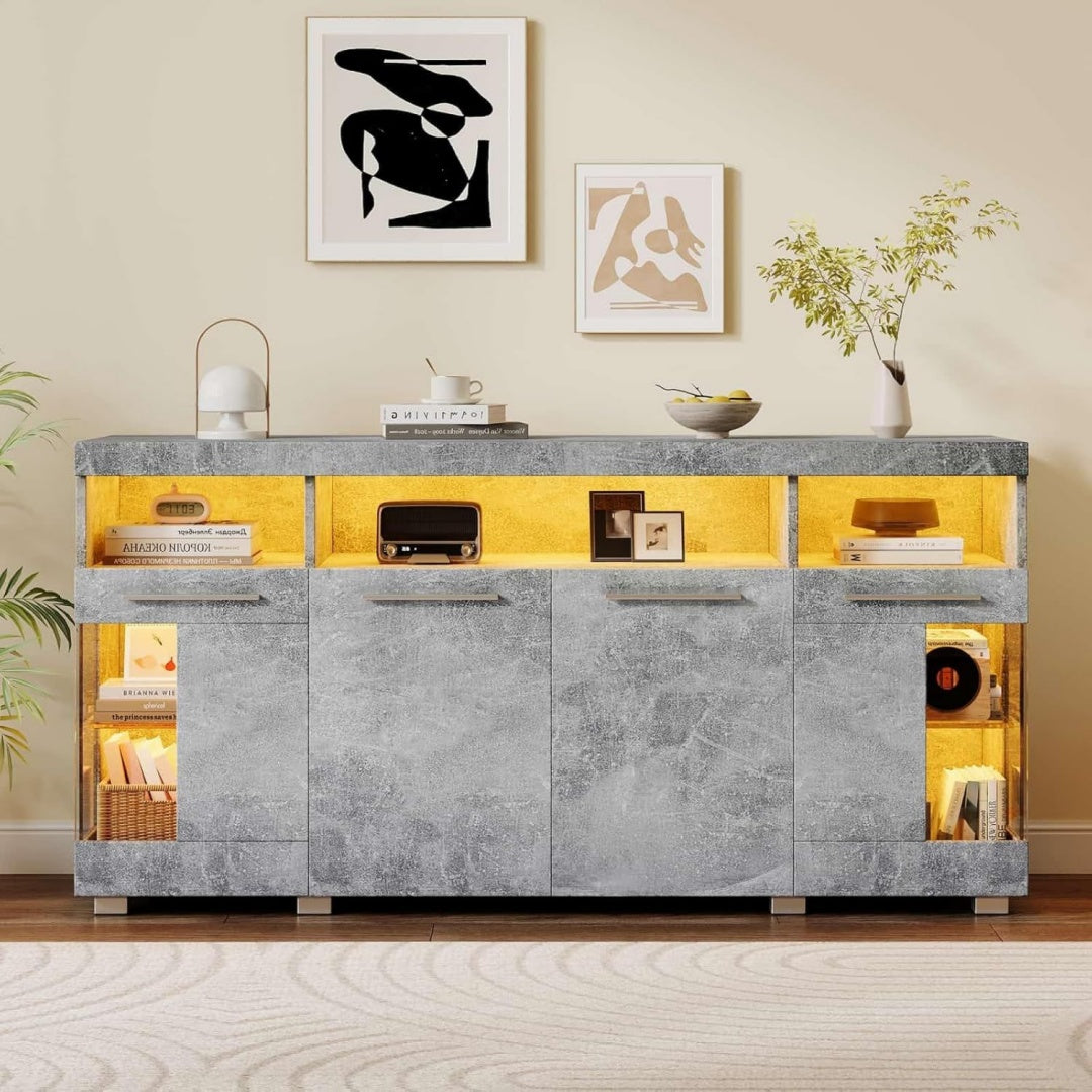 Buffet a 3 etageres gris clair 140 x 40 x 70 cm
