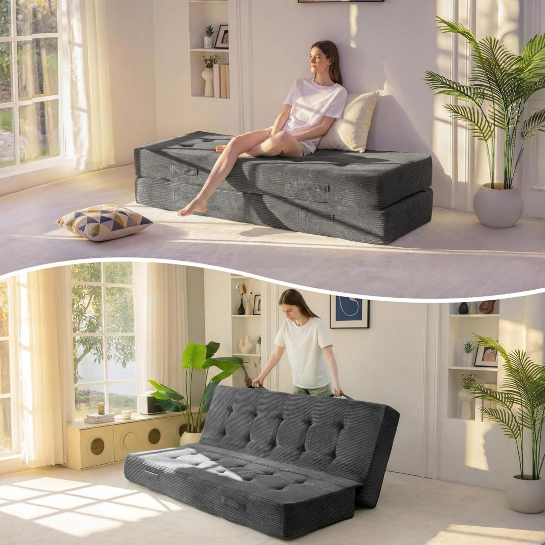 Matelas beige avec un format pliable et gain de place