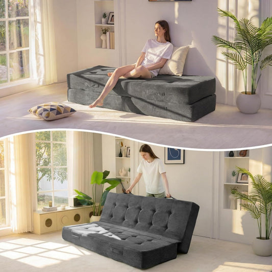 Matelas beige avec un format pliable et gain de place