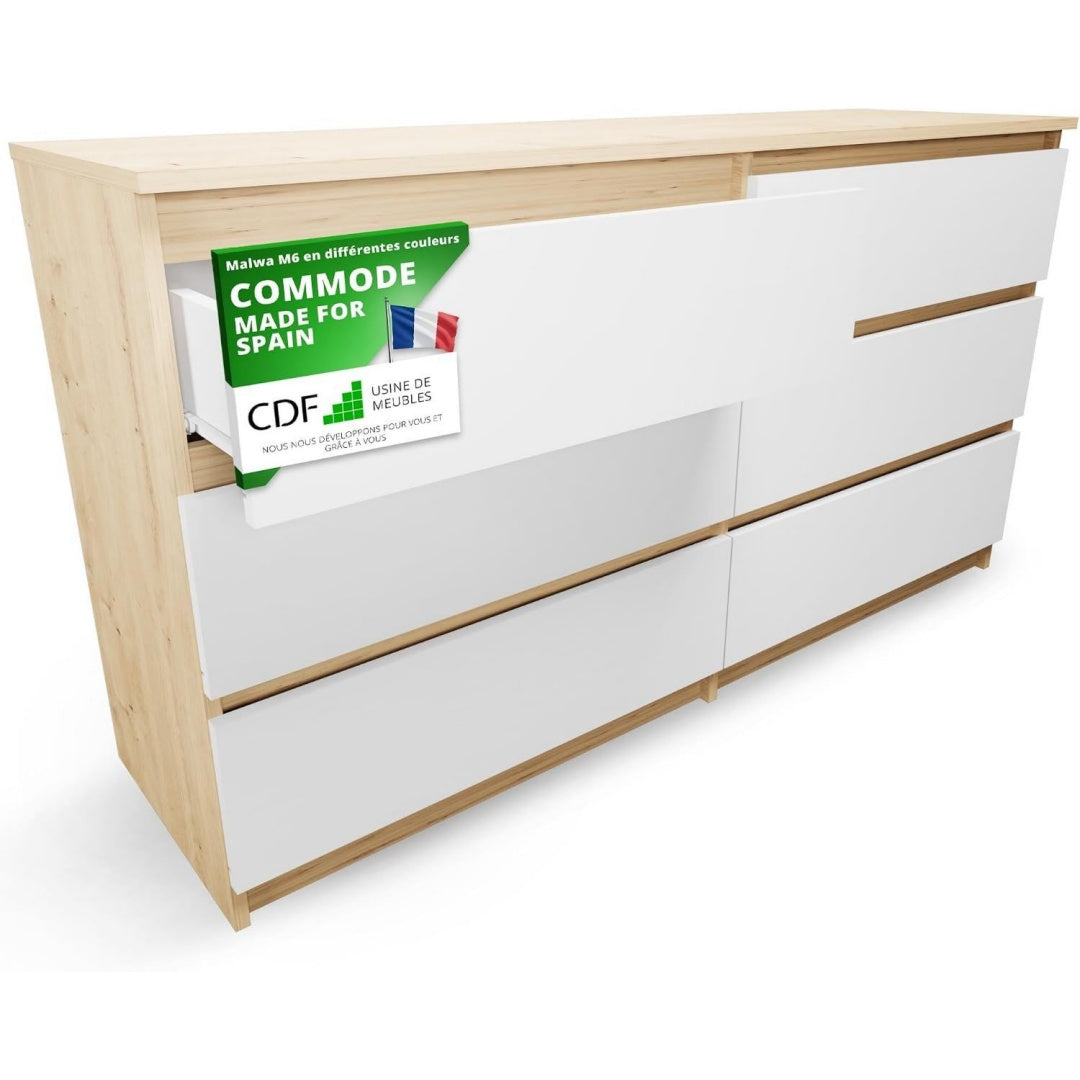 Commode en bois 6 tiroirs gris clair finition mate